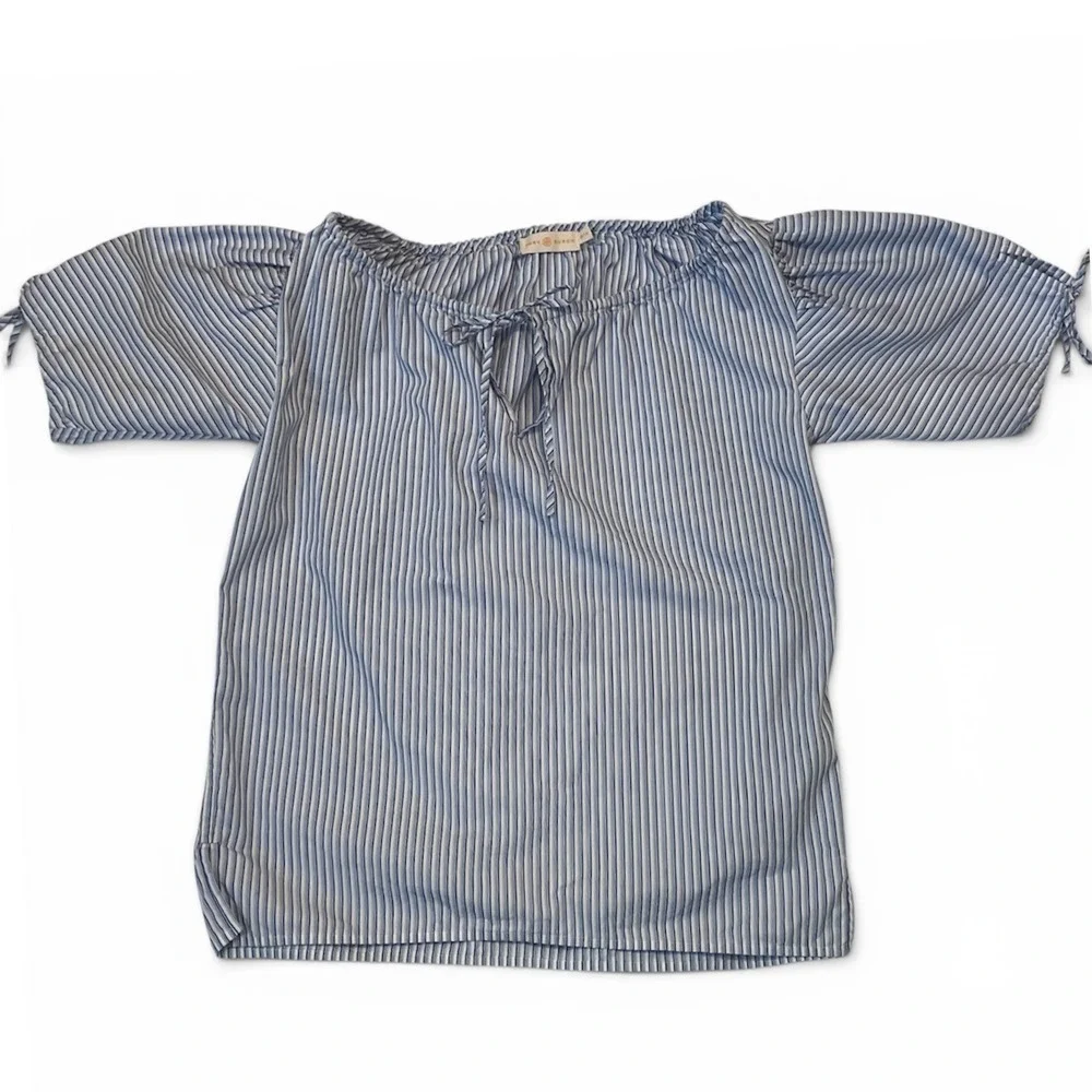 Tory Burch Striped Peasant Blouse XS Blue White Womens Puff Sleeve Tie Excellent